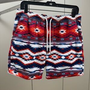Forever 21 Men's Tribal Pattern Swim Shorts - Red and Blue